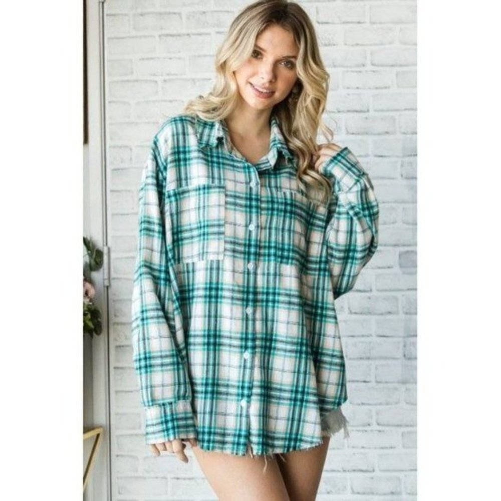 VEVERET Plaid Button Down Long Sleeve Raw Hem Shacket Shirt S.M.L NWT - Picture 6 of 16